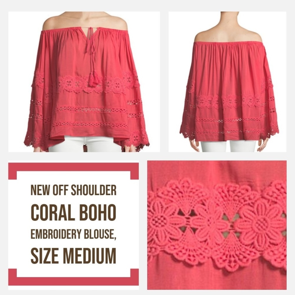 NWT Off The Shoulder Coral Boho Embroidery Blouse